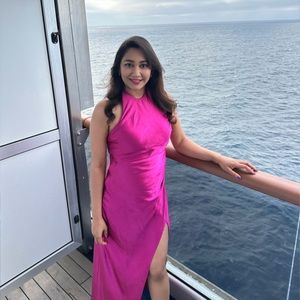 Pink satin halter open back slit maxi formal prom cruise elegant dress